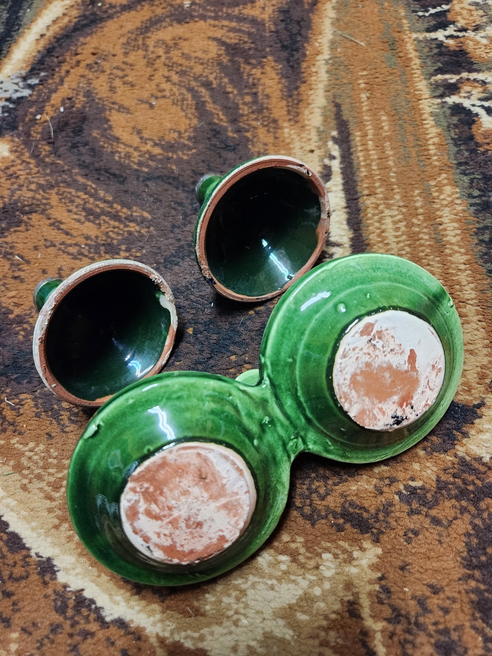 Vintage Moroccan Ceramic Double Mini Tagine Spice Holder - Green Glaze with Meta - Picture 2 of 7